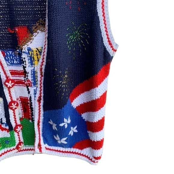 Vintage Belle Pointe Flag Fireworks Cardigan Sweater Vest Medium - Picture 3 of 7